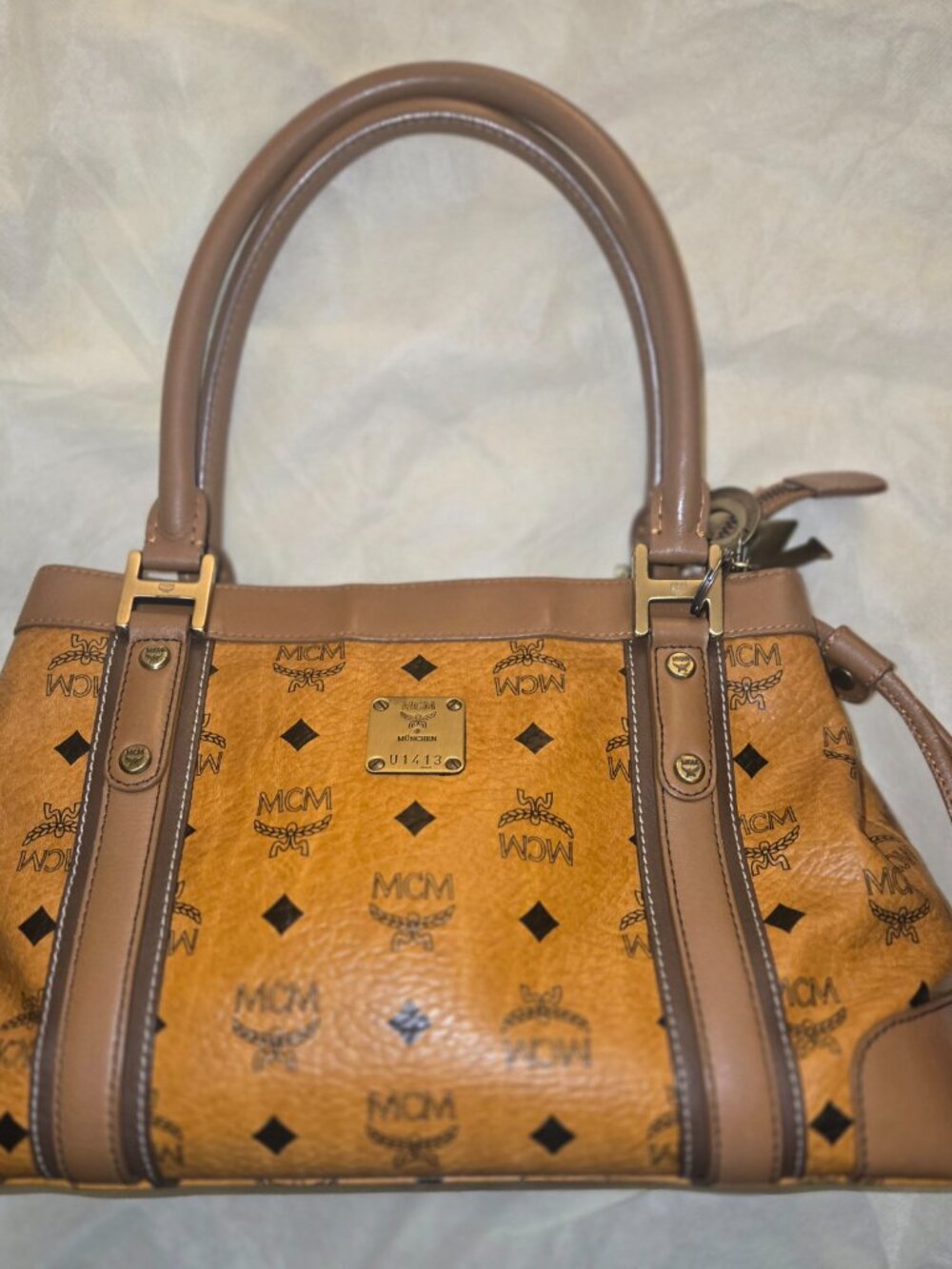 MCM Visetos Boston Satchel (Cognac)